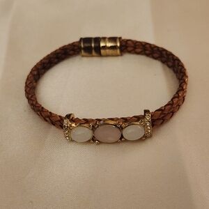 Gold-Tone Braided Brown Leather Bracelet with White and light Pink Stone Accents